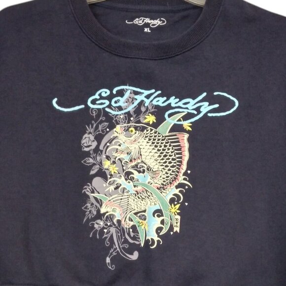 ED HARDY | Women Koi Fish Cropped Sweatshirt Pullover Fleece Navy | Size XL - Picture 2 of 8